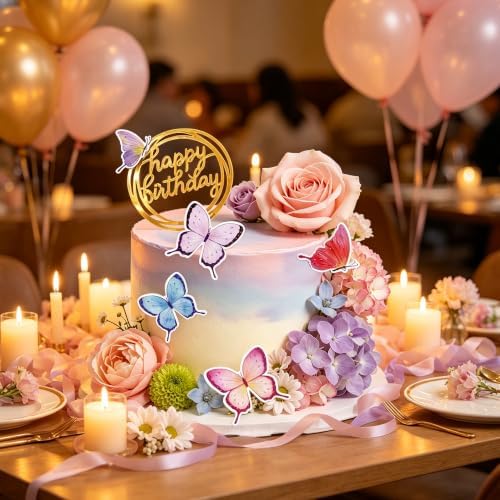 Flower Cake Toppers, Happy Birthday Rose Gold Cake Decorations with Artificial Flowers Butterfly Balls for Wedding Baby Shower Birthday Party Supplies (Lavender) - Image 3
