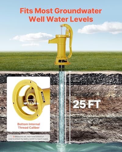 VEVOR Well Hand Pitcher Pump, 25 ft Maximum Lift, Antique Cast Iron Manual Hand Water Pump, NPT 1-1/4 in Connection, Easy Installation, Old Fashioned for Outdoor Garden, Pond, Backyard, Farm, Yellow - Image 2