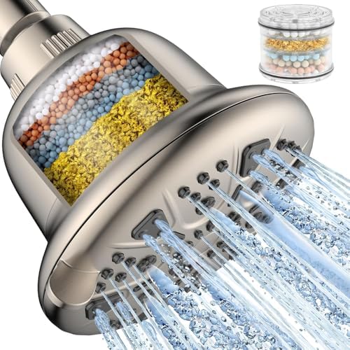 MakeFit Filtered Shower Head - High Pressure Shower Head with Filter for Hard Water Softener - 7 Settings Bathroom Rain Showerhead to Remove Chlorine and Heavy Metals (Brushed Nickel) by MakeFit