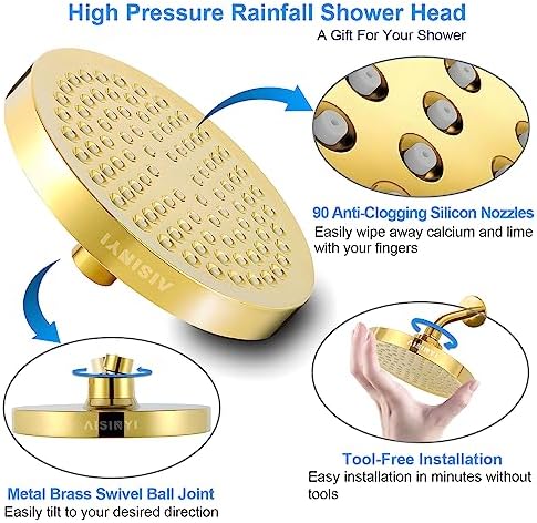 High Pressure Rainfall Shower Head, 6 Inches Showerhead with Perfect Adjustable Replacement, Removable Restrictor, Easy Installation for Your Bathroom Shower Heads (Deluxe Gold + Shower Arm) - Image 3