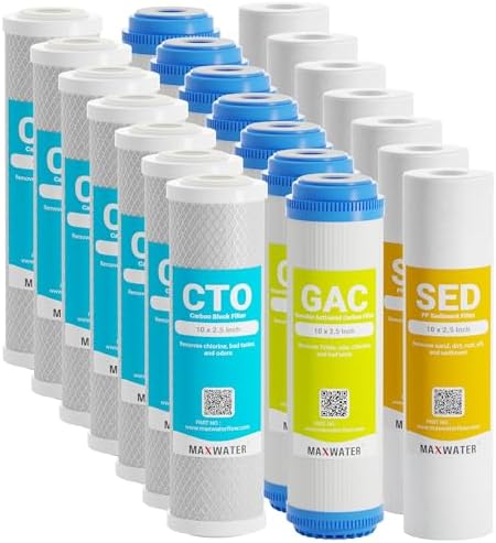 Max Water 5 Micron Replacement 10 x 2.5 inch Filter Cartridge Set For Standard RO | Reverse Osmosis Water Filter Systems - PP Sediment, GAC & CTO | Compatible with AP110, WHKF-GD05, WHKF-WHWC, GAC-10 by MaxWater