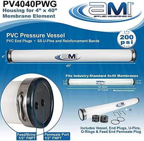 APPLIED MEMBRANES, INC. 4x40 RO Membrane Housing | PVC RO Pressure Vessel for 4" x 40" RO, UF, NF, MF Membrane Element | Commercial Water Treatment | 200 PSI | U-Pin Style | PV4040PWG - Image 3