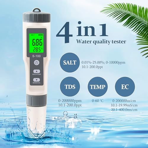 TDS Meter,4 in 1 Water Tester TDS/Salt/Temp/EC Meter,High Accuracy TDS Meter Digital Water Tester with LCD Backlit,Pool Testing Kit Salinity Tester EC Meter for hydroponics, Wine, Pool and Aquariums - Image 2