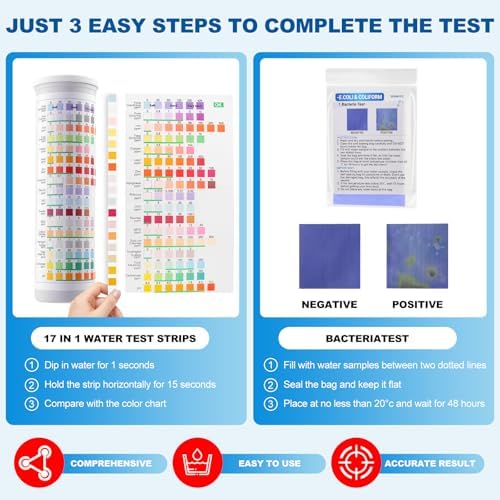 21-in-1 Home Drinking Water Testing Kit,145 Strips + 4 Bacteria Tests,Tap and Well Water Test Kit, Easy to Test and Read Home Test Strips for Hardness, Lead, Iron, Fluoride, pH, Copper and More - Image 4