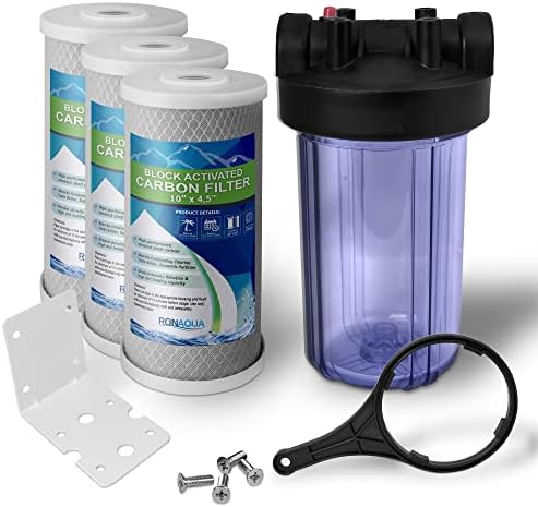 High Capacity 10 x 4.5” Transparent Whole House Water Filter Purifier System with Presser Relief Button, 1” Inlet/Outlet Brass Port & Yearly Supply (3) Coconut Shell Activated Block Carbon Cartridges by Ronaqua