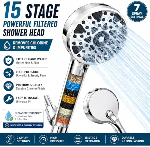 Filtered Shower Head with Handheld, 7 Spray Settings, Chrome - Image 2