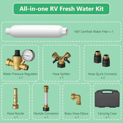 KORVOS All in One Fresh Water Kit, RV Water Pressure Regulator, Inline Water Filter, Hose Splitter, Brass Elbow, Flexible Connector, Hose Quick Connects, Leak Repair Kit, and Carrying Case - Image 2