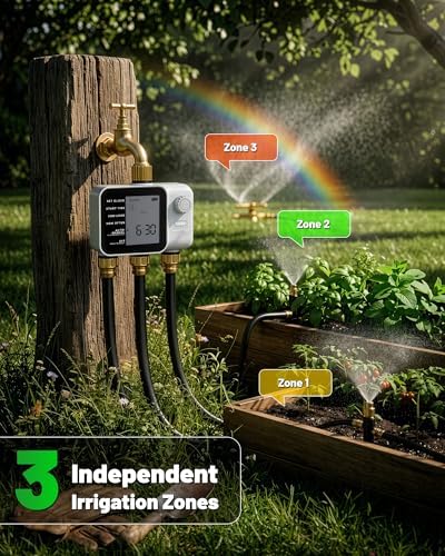 [All-New 2027] 3 Zone Sprinkler Timer with Brass Inlet, Unistyle Water Timer for Garden Hose with Rain Delay/Manual Watering/Automatic Irrigation, Hose Timers with Large LCD for Yard and Lawn Patio - Image 5