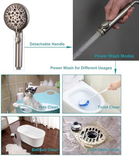 GwernKB Brushed Nickel Shower Heads Handheld with On Off Switch,8-Mode High Pressure Shower Wand with 79In Stainless Steel Hose&Bracket PLUS Low-Reach Adhesive Wall Mount Holder for Kids&Elderly - Image 4