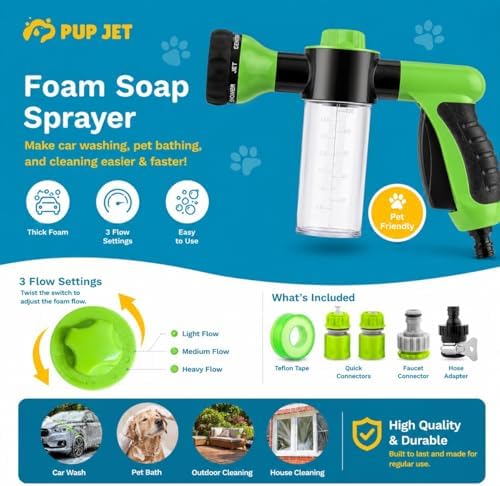 Pup Jet Dog Washing Hose Attachment with Soap Dispenser, 8-in-1 Spray Nozzle, Shampoo Sprayer for Dog Bath and Grooming, with Silicone Brush - Image 5
