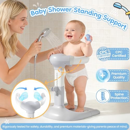 Upgraded Baby Shower Stand with Anti-Pinch Silicone & Anti-Slip Base, Adjustable Height Baby Bath Standing Support, Soporte para Bañera de Bebé Assist Holder for 6-36 Months Toddler, Ideal Gift, Gray - Image 2