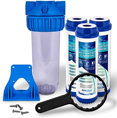 10 Inches Transparent Standard Whole House Water Filter System with Presser Relief Valve, 3/4” Inlet/Outlet Brass Port and Yearly Supply 3 Granular Activated Carbon Cartridges by Ronaqua