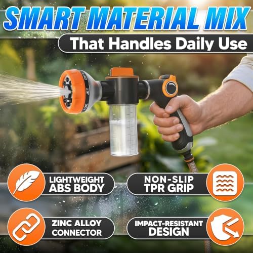 Garden Hose Nozzle with Soap Dispenser, 8 Patterns (Black, Orange) - Image 3