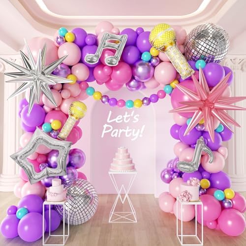 171Pcs Songster Birthday Decoration - Pink and Purple Balloon Arch Kit Hollow Star, Microphone, Disco Mylar Balloon Garland Kit for Music Fans Popular Singer Birthday Princess Party Decorations - Image 6