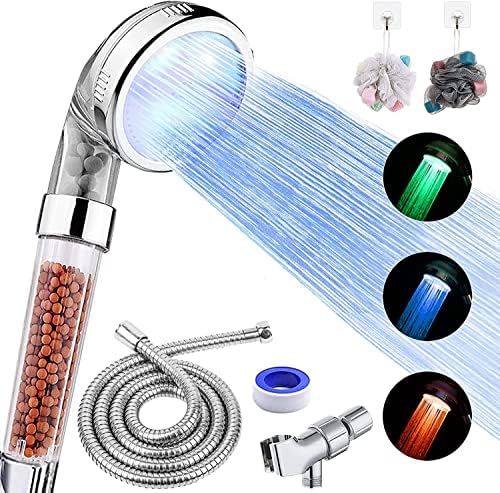 FASTRAS LED Shower Head with Handheld, High Pressure Shower Head with Hose, Holder & PTFE Tape etc, 3 Water Temperature-Controlled Water Saving Filtered Shower Head for Dry Hair& Skin by FASTRAS