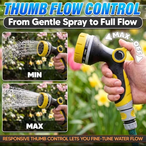Garden Hose Nozzle, 10 Spray Patterns, Thumb Flow Control, Yellow - Image 6
