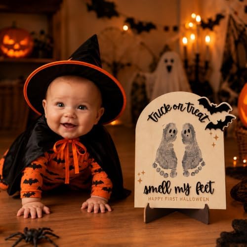 Baby First Halloween Handprint Kit, Trick or Treat Smell My Feet Sign, Halloween Footprint Craft Sign, DIY Baby Handprint & Footprint Keepsake Plaque, Halloween Nursery Decor - Image 5