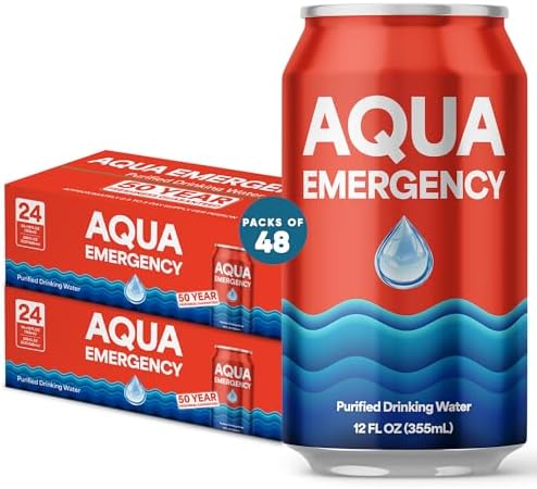 Aqua Emergency Drinking Canned Water- (48 Cans) 12 fl Oz (50 Years) Shelf Life for Everyday Hydration, Emergency, Survival Use-Purified via Reverse Osmosis | Plant-Based, BPA Free, Eco-Friendly Packaging, Made in USA -2 Case by AquaEmergency