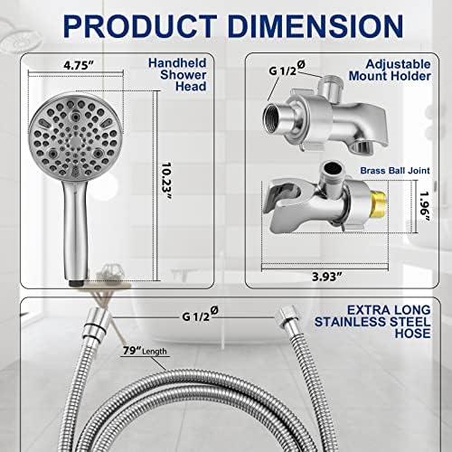 High Pressure 10 Setting Handheld Shower Head, 5" Detachable Showerhead Spray Built-in Power Wash to Clean Tub, Tile & Pets, 79" Extra Long Stainless Steel Hose, Adjustable Bracket - Chrome - Image 4