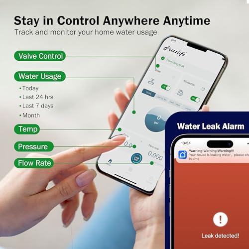 Frizzlife LP365 Smart Water Monitor and Automatic Shutoff - 0.01GPM Ultrasonic Micro Leak Detection, APP Wi-Fi Remote Control, Real-Time Flow/Temp Monitoring, NSF/ANSI 61 & 372 Certified, 1.25" and 1" - Image 4
