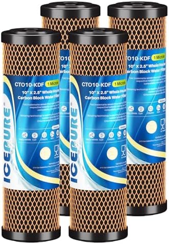 ICEPURE 1 Micron 2.5" x 10" Whole House Water Filter Coconut Shell Activated CTO Carbon and KDF Cartridge for Home, Compatible with WFPFC8002, WFPFC9001, FXWTC, SCWH-5, WHEF-WHWC, AMZN-SCWH-5, 4PACK by ICEPURE