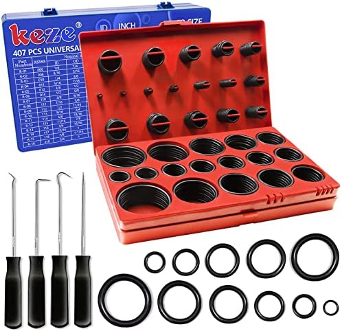 KEZE 826 Pcs Universal SAE and Metric O-Rings Kit,Standard 32 Metric & Inch Sizes O ring Assortment in 2 Box with 4 Piece Pick and Hook for Automotive Faucet Hydraulics Hose Air and Gas Sealing Repair by KEZE