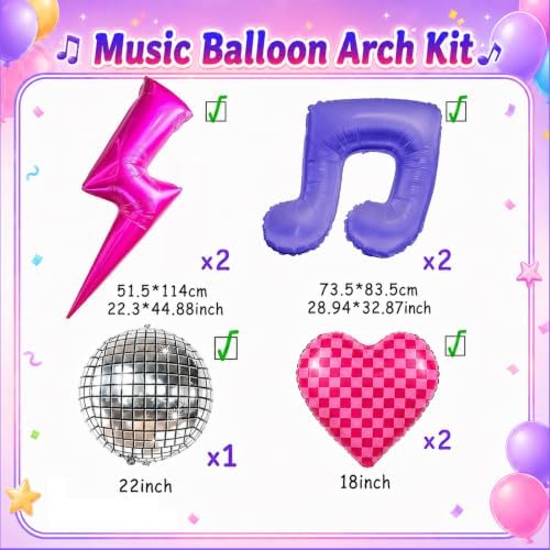 K POP Music Birthday Decorations, 162Pcs Pink Purple Balloon Garland Arch Kit with Music Note, Disco Ball, Checkered Heart, Lightning and Star Foil Balloons for Movie Singer Theme Party - Image 4