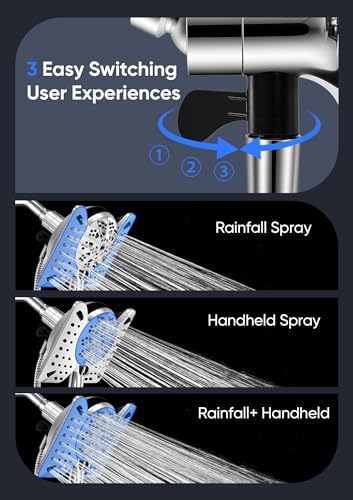 Shower Head with Handheld High Pressure, Rain Shower Head with Fixed Showerhead and 9 Sprays Handheld Shower, Detachable 2-IN-1 Shower head with 59" Rotatable Stainless Steel Hose (Chrome) - Image 3