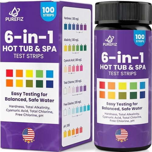 Hot Tub & Spa Test Strips 6-in-1 (100-Pack) - Accurately Monitors pH, Free/Total Chlorine, Alkalinity, Hardness, and Cyanuric Acid - Perfect for Chlorine-Based Spas and Jacuzzis (Not for Bromine) by PUREFIZ