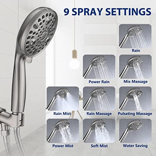 High Pressure 10-Setting Handheld Shower Head, 5" Detachable Shower Spray, 79" Extra Long Stainless Steel Hose, Adjustable Bracket - Brushed Nickel - Image 3