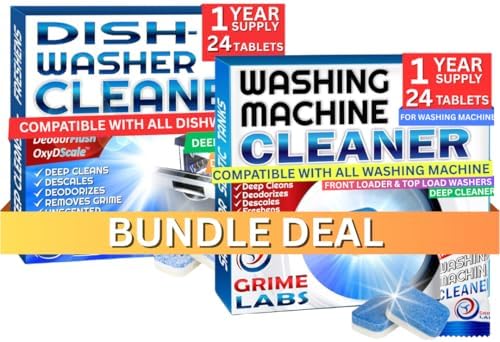 Washing Machine & Dishwasher Cleaner Tablets Bundle – 12-Month Supply | Deep Cleaning & Deodorizing Tablets for Dishwashers & Washing Machines | 48-Tablet Set – Value Pack by GRIMELABS
