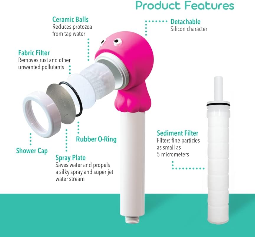 Barumi Livo Filtered Showerhead for Kids Combo Kit | Octopus Pink | Children's Handheld Shower Heads with PVC Hose & Shower Holder - Image 4