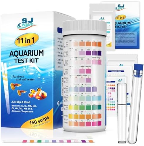 11 in 1 - Aquarium Test Strips | 950 Tests - 150 Strips | Fish Tank Aquariums Water Test Kit & ebook | Aquarium Thermometer | Fish Tank Water Testing Kit Includes 50 Ammonia Strips | Versatile Usage by SJWAVE