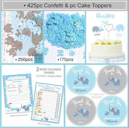 697 Piece Blue Elephant Baby Shower Decorations for Boy Kit - It's a BOY Pre-Strung Banners, Garland Guestbook Mommy to Be Sash Balloons Cake Toppers Fans Lantern Napkins Straws Games & Favor Stickers - Image 4