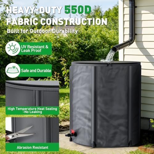 Yesker Collapsible Rain Barrel, 53 Gallon Portable Rainwater Collection System, 550D PVC Water Storage Tank, Rain Catcher with Spigots Filter Overflow Kit, Grey - Image 2