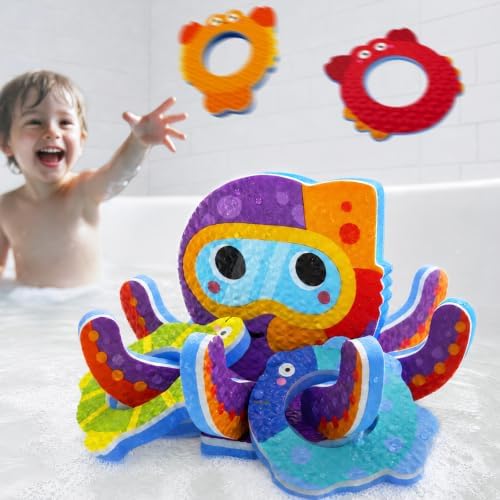 Bath Toys for Toddlers 1-3, Octopus Foam Ring Toss Toy by FunFoamio