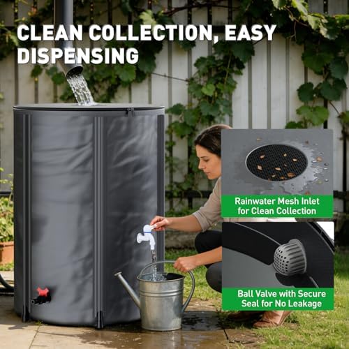 Yesker Collapsible Rain Barrel, 100 Gallon Portable Rainwater Collection System, 550D PVC Water Storage Tank, Rain Catcher with Spigots Filter Overflow Kit, Grey - Image 4