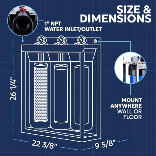 Aquaboon 3-Stage Whole House Water Filter System with 5 Micron 20x4.5 Reducing Sediment and KDF Heavy Metals Water Filter Purification Cartrige, Pressure Gauges, Wrench, Bracket - Image 5
