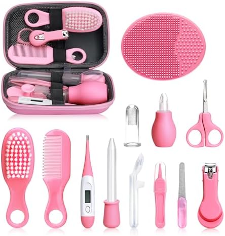 Baby Grooming and Healthcare Kit, Infant Safety Care Set with Hair Brush Comb Nail Clipper Nasal Aspirator,Baby Essentials Kit for Newborn Girls Boys (13 in 1, Pink) by UHFi