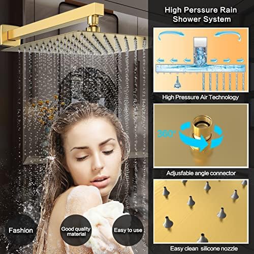 Brushed Gold Rain Shower System Faucet Set with Handheld, 10 inch - Image 4