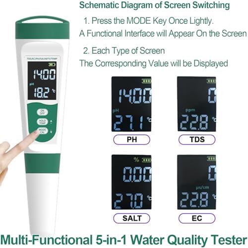 Display PH Meter Watter Tester 5 in 1, Functions: PH,TDS,EC,Salt,Temp, IPX5 Waterproof, High Accuracy With 3 Calibration Powders, for Saltwater Pool, Hot Tubs, SPAs, Aquarium, Hydroponics System - Image 5