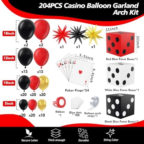 204Pcs Casino Balloon Garland Arch Kit - Casino Theme Party Decorations with Dice Boxes Large Poker Cards Party Balloons for Birthday Game Night Las Vegas Casino Night Theme Party Decorations - Image 2