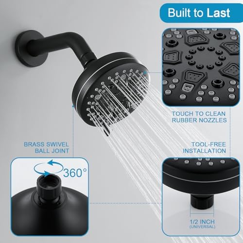High Pressure Shower Head, 7-Spray Mode Adjustable Showerhead with 4-Inch Round Head, High Flow Handheld Shower for Low Water Pressure, Easy Install & Clean， Round Black - Image 3