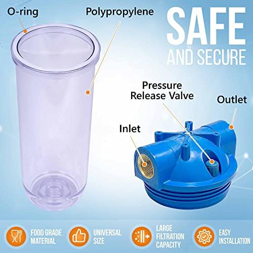 10 Inches Transparent Standard Whole House Water Filter System with Presser Relief Valve, 3/4” Inlet/Outlet Brass Port and Yearly Supply (4) Sediment Cartridges 50 Micron - Image 3