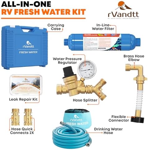 RV Fresh Water Kit w/Drinking Hose - RV Water Pressure Regulator, Filter, Hose Connectors, Leak Repair Kit, Carrying Case, 35' Drinking Water Hose - Image 2