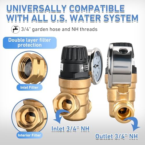 Nilight RV Water Pressure Regulator, Adjustable Brass Valve with Gauge - Image 6