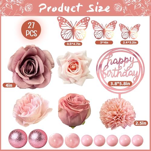 Flower Cake Toppers, Happy Birthday Rose Gold Cake Decorations with Artificial Flowers Butterfly Balls for Wedding Baby Shower Birthday Party Supplies - Image 2