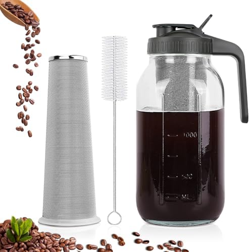 Cold Brew Coffee Maker, 64 oz Mason Jar Pitcher with Stainless Steel Filter, Pour Spout Handle Lid, Airtight & Leak-Proof for Iced Coffee,Tea & Lemonade by QHH
