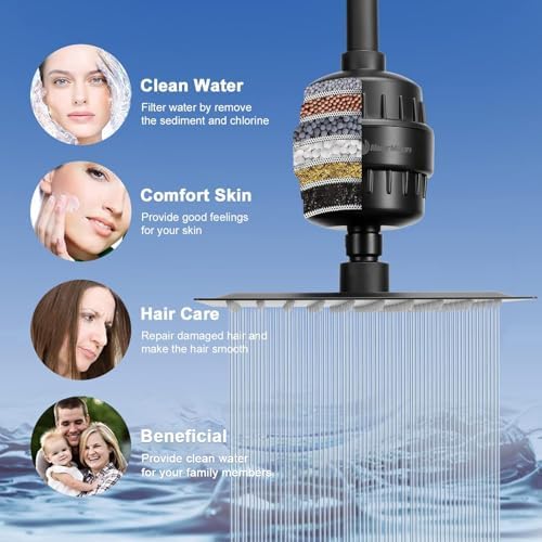 NearMoon Filtered Rain Shower Head, High Pressure 8″Square, and 5 settings Handheld Shower Filter Combo with Self-adhesive Holder/1.5M Hose -1 Replaceable Filter Cartridge (Matte Black) - Image 3