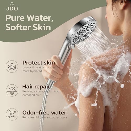 6-Setting Filtered Handheld Shower Head, JDO High Pressure Shower Head with Replaceable Filter Cartridge 4.7 Inch Detachable Showerhead for Chlorine Hard Water Removal 59 Inch Stainless Steel Hose - Image 4